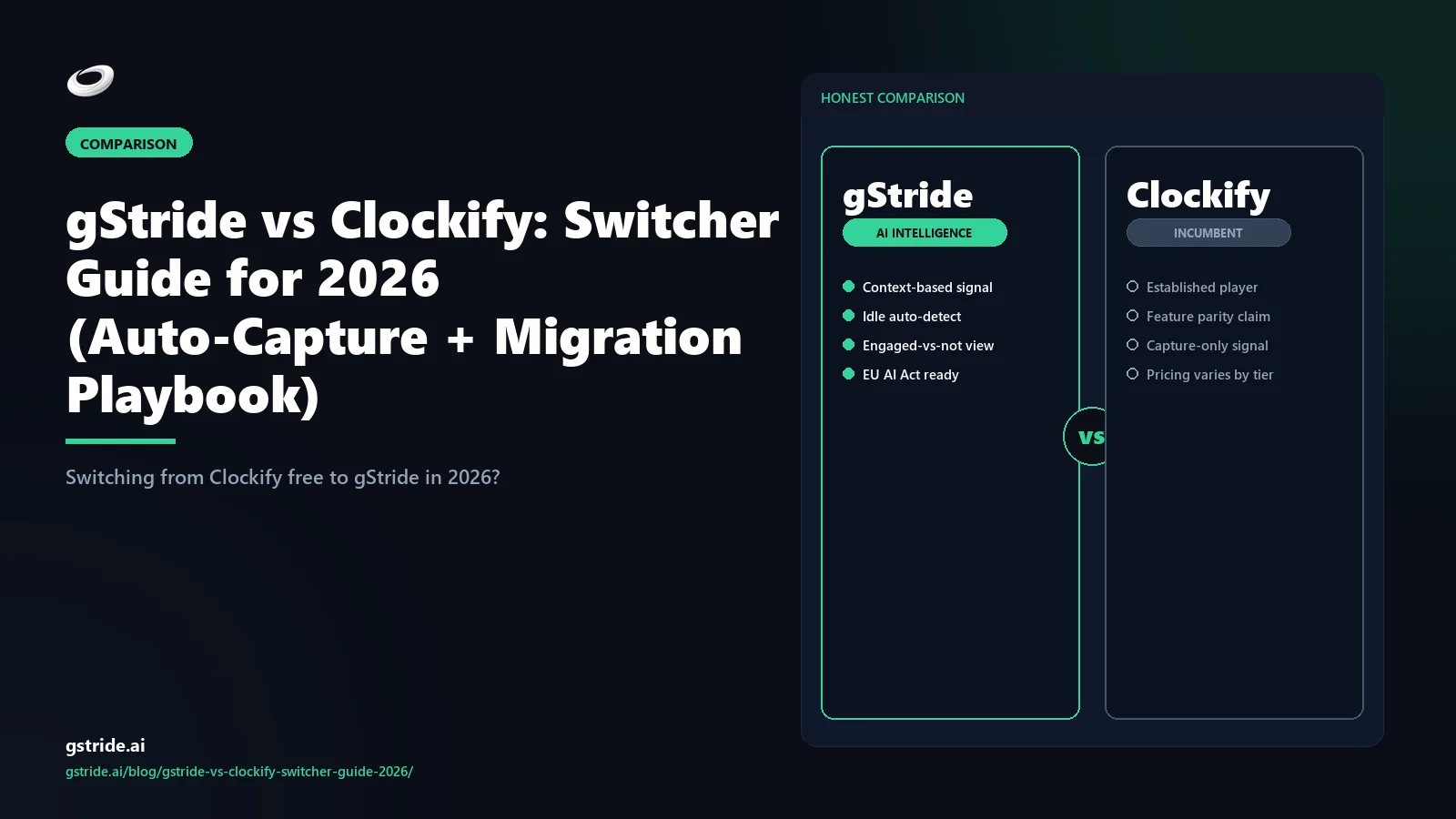 gStride vs Clockify switcher guide 2026 — migration playbook, pricing comparison, AI auto-capture